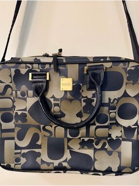 TOUS Black and Taupe Logo Satchel/ Portafolio Bag with Gold Plaque